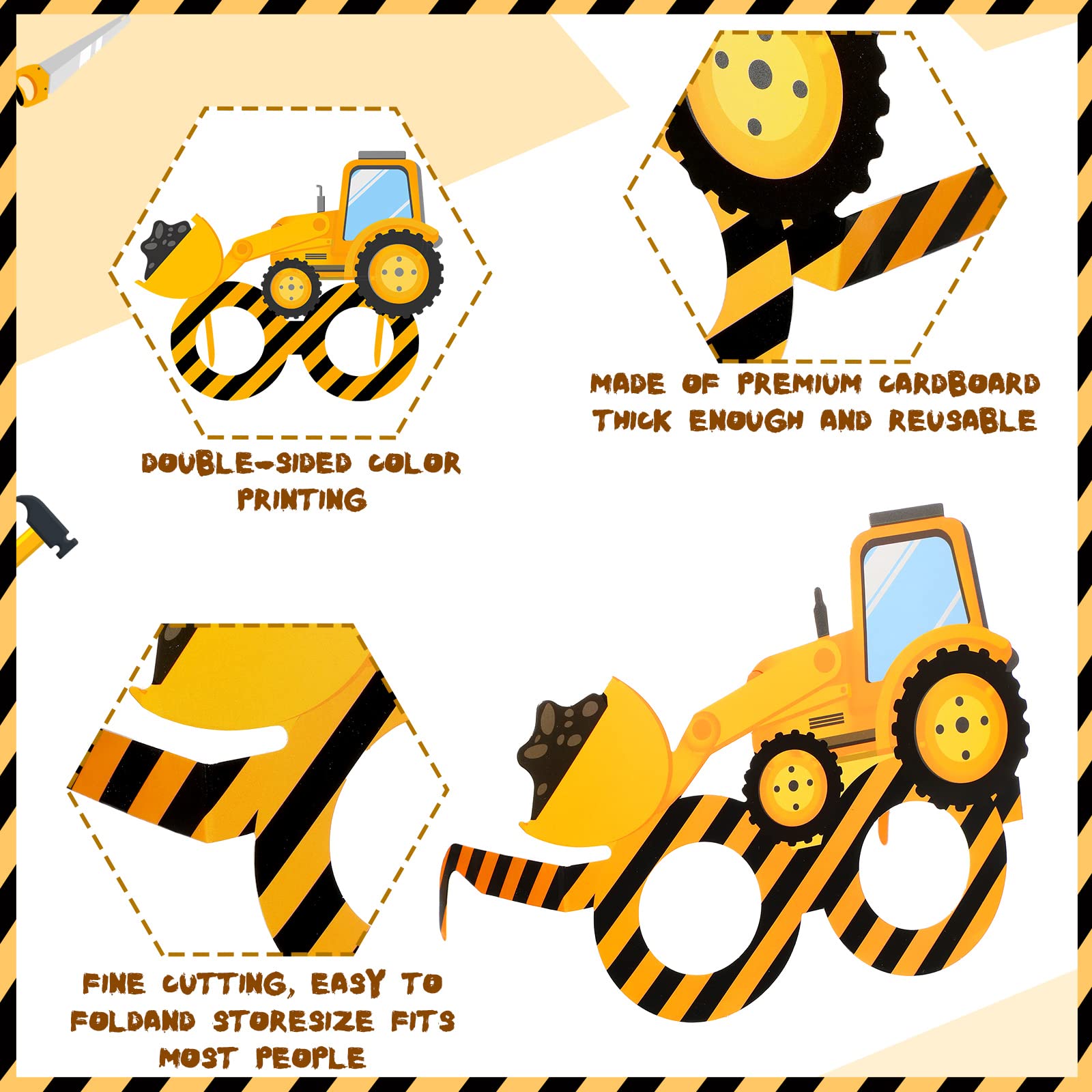 Funrous construction vehicle glasses brighten group portraits at celebrations.