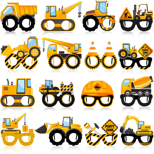 Funrous dump-truck glasses add playful energy to construction party photos.