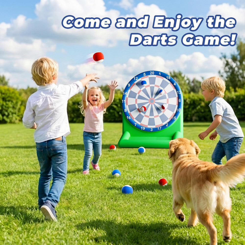 Funscape dart board set includes 10 darts and repair patches for quick fixes.