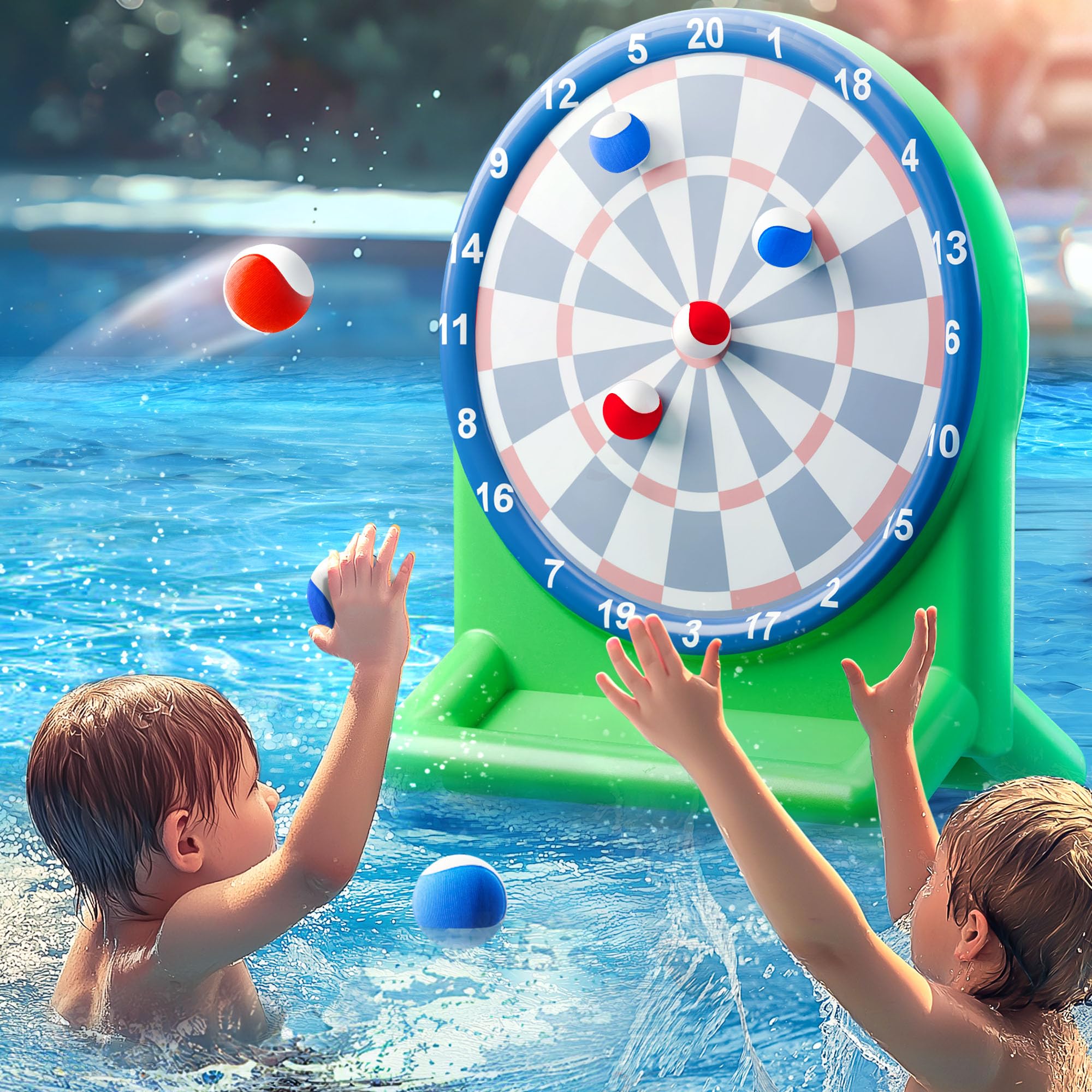 Funscape inflatable dart board in pool ready for splashy play and competition.