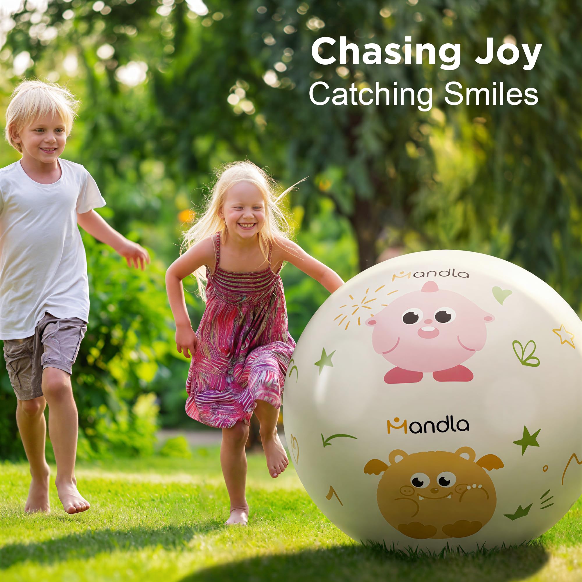 Funscape ball in sunny backyard during kicking, throwing, and catching.