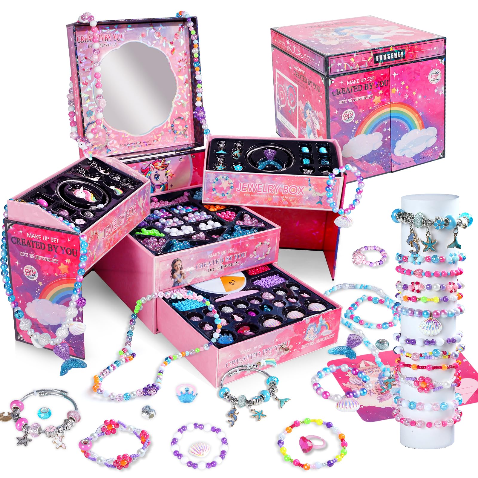 FUNSENLY bracelet kit in deluxe gift box opens to reveal treasures for creative play.