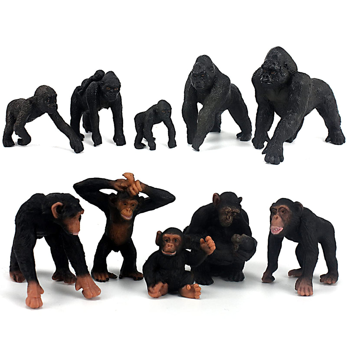 FunShowcase gorilla and chimpanzee figures with lifelike details for imaginative play.
