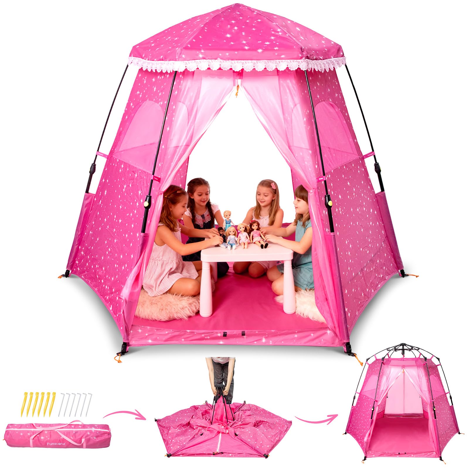 Funsland Princess pop-up tent demonstrates quick setup for instant playtime.