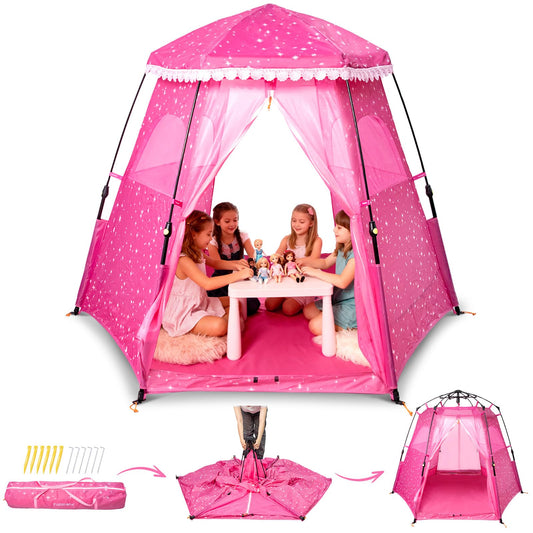 Funsland Princess pop-up tent demonstrates quick setup for instant playtime.