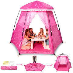Funsland Princess pop-up tent demonstrates quick setup for instant playtime.