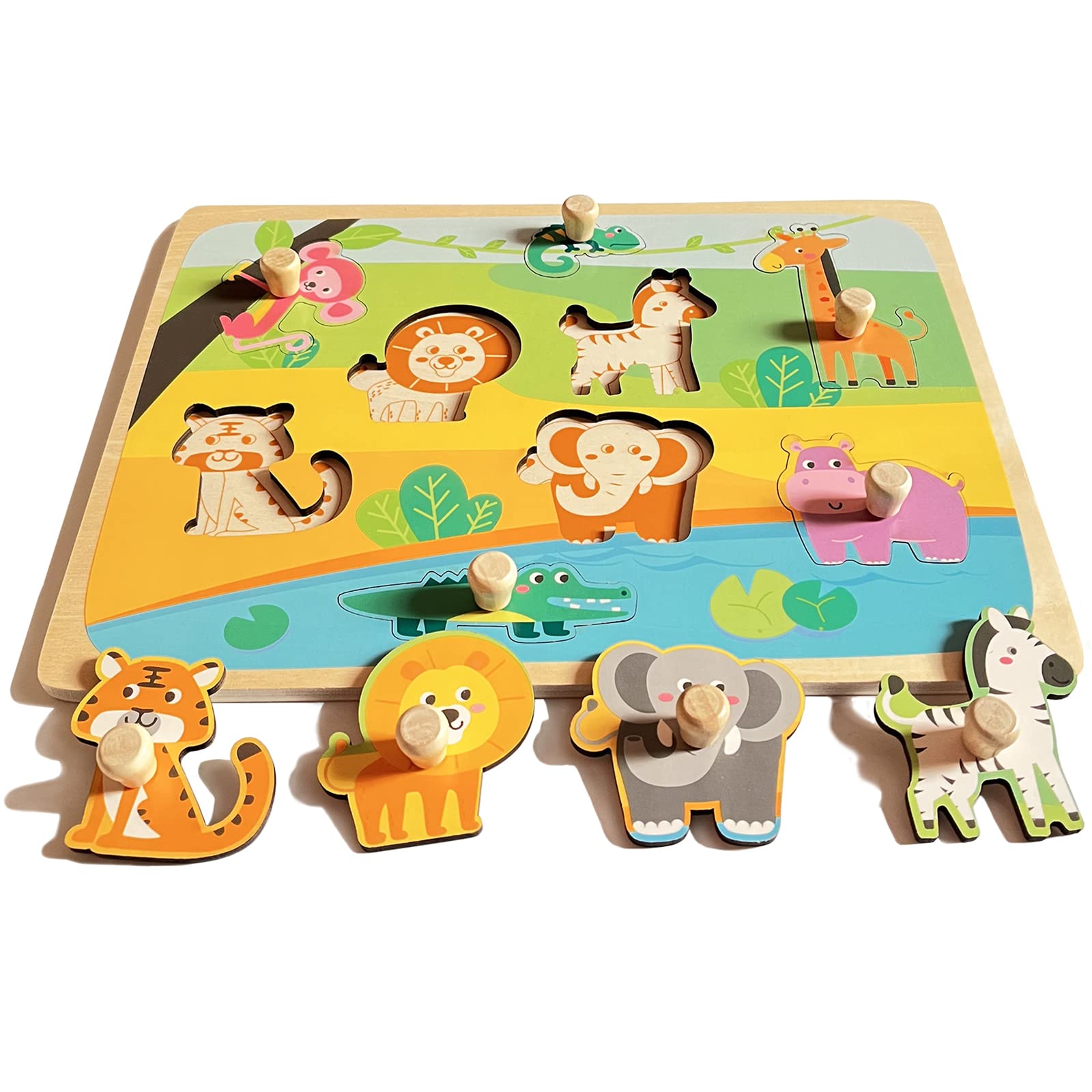 Funsland wooden puzzle with peg handles helps toddlers develop fine motor skills during play