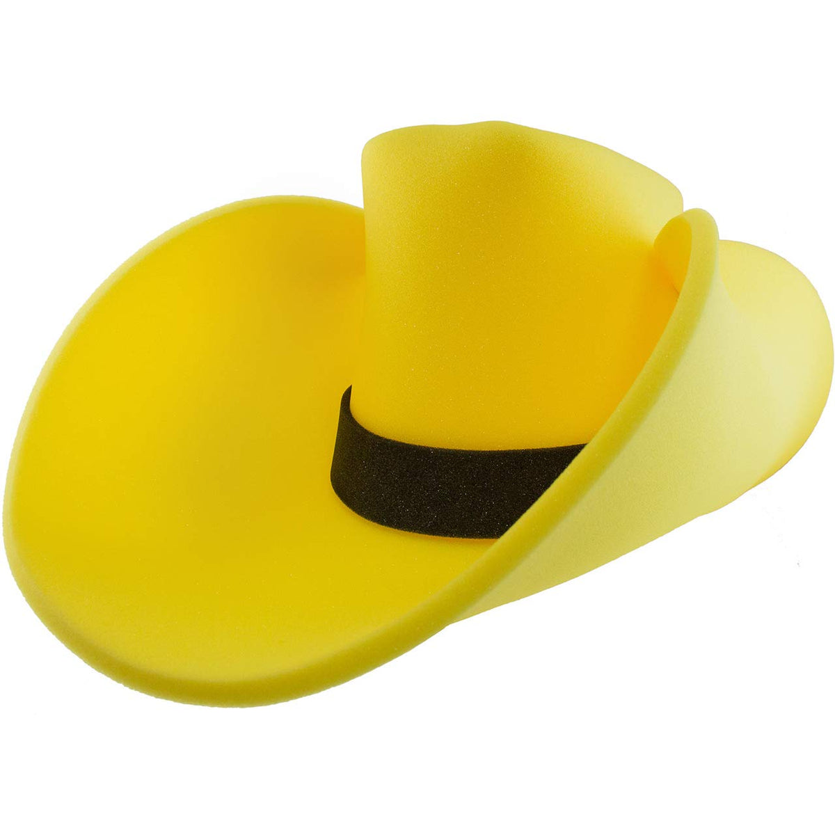 Funstitution giant yellow foam cowboy hat worn for festive party fun