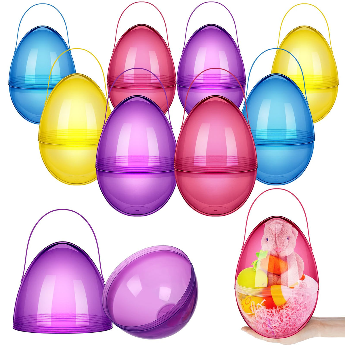 Funtery 8-piece jumbo Easter eggs with handles, easy to carry and display at parties.