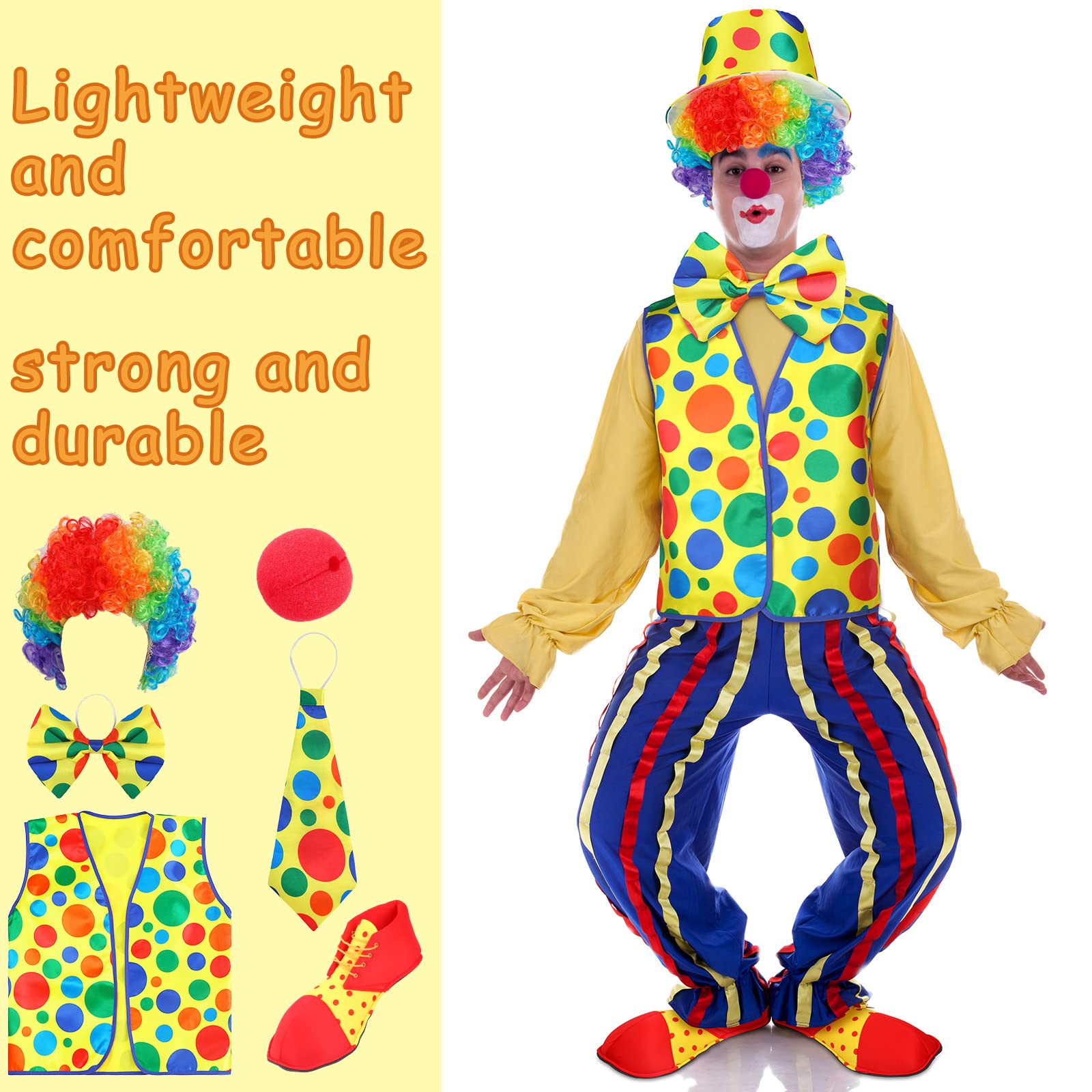 Funtery clown hat tops off the ensemble with playful flair