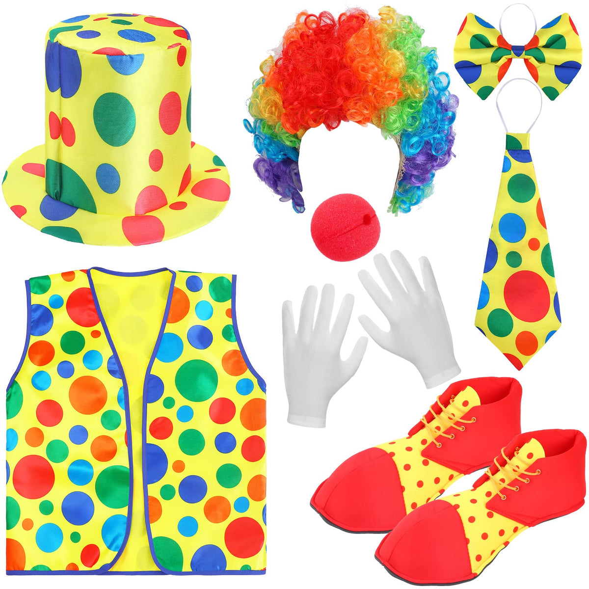 Funtery clown wig with vivid rainbow curls for standout Halloween cosplay