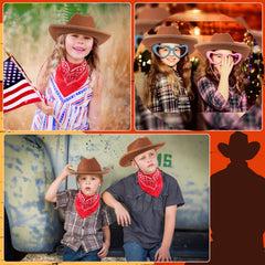 Matching brown hat and red bandana create cohesive costumes for photo ops.