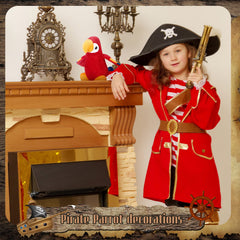 Funtery red plush pirate parrot on shoulder prop enhances playful character.