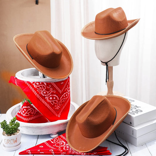 Funtery red paisley bandana with brown hat combo for birthday party pretend play.