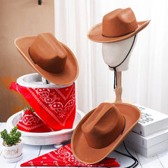 Funtery red paisley bandana with brown hat combo for birthday party pretend play.
