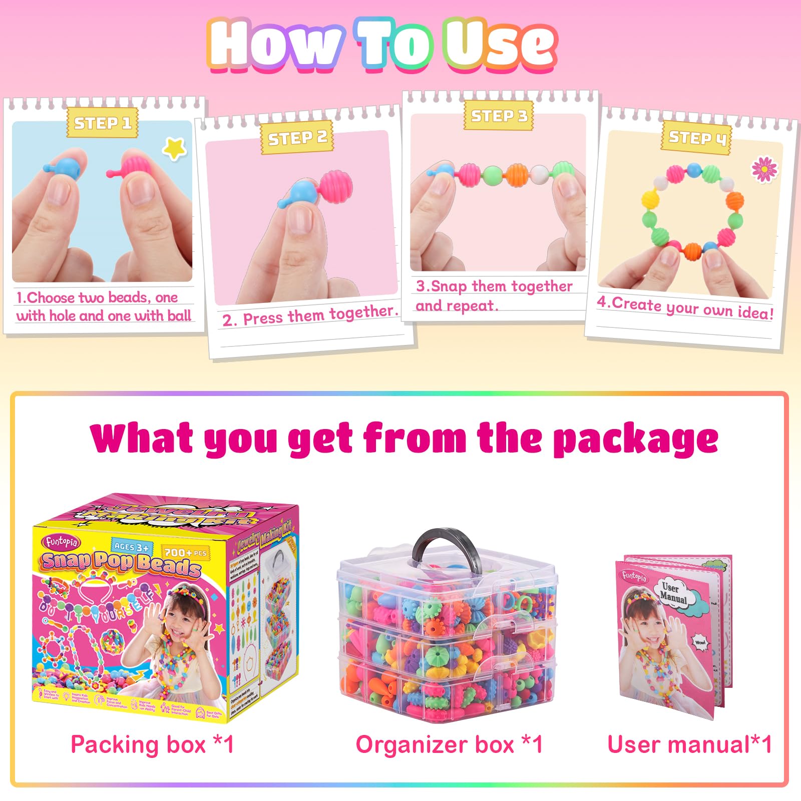 Funtopia Pop Beads necklaces enable quick, kid-safe fashion accessories.