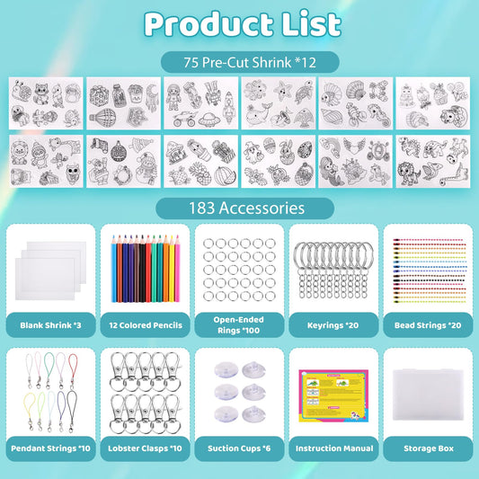 Funtopia shrinking art sheets kit contents display shows designs and accessories