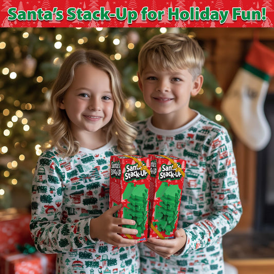 Funwares Santa’s Stack-Up wooden blocks stacked into a tree tower