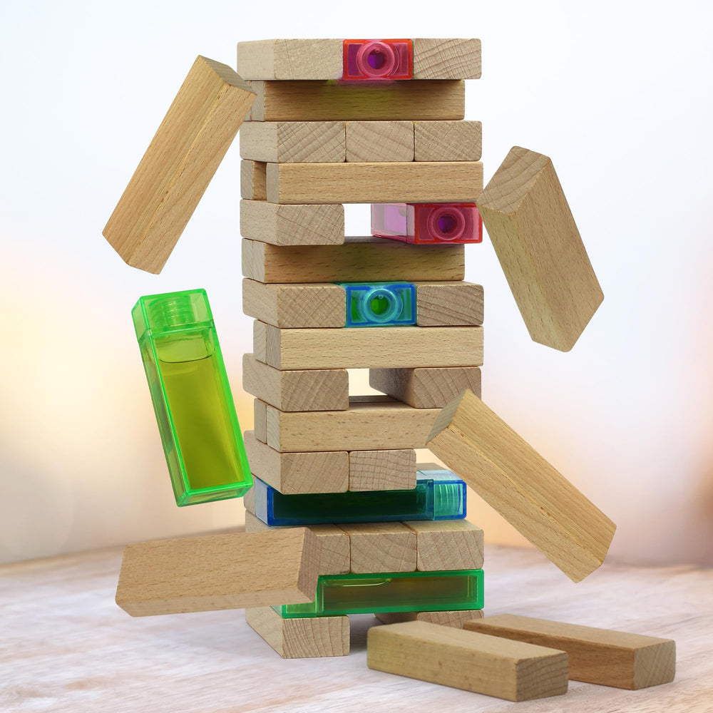 Close-up of a block being pulled from the Stack Attack tower