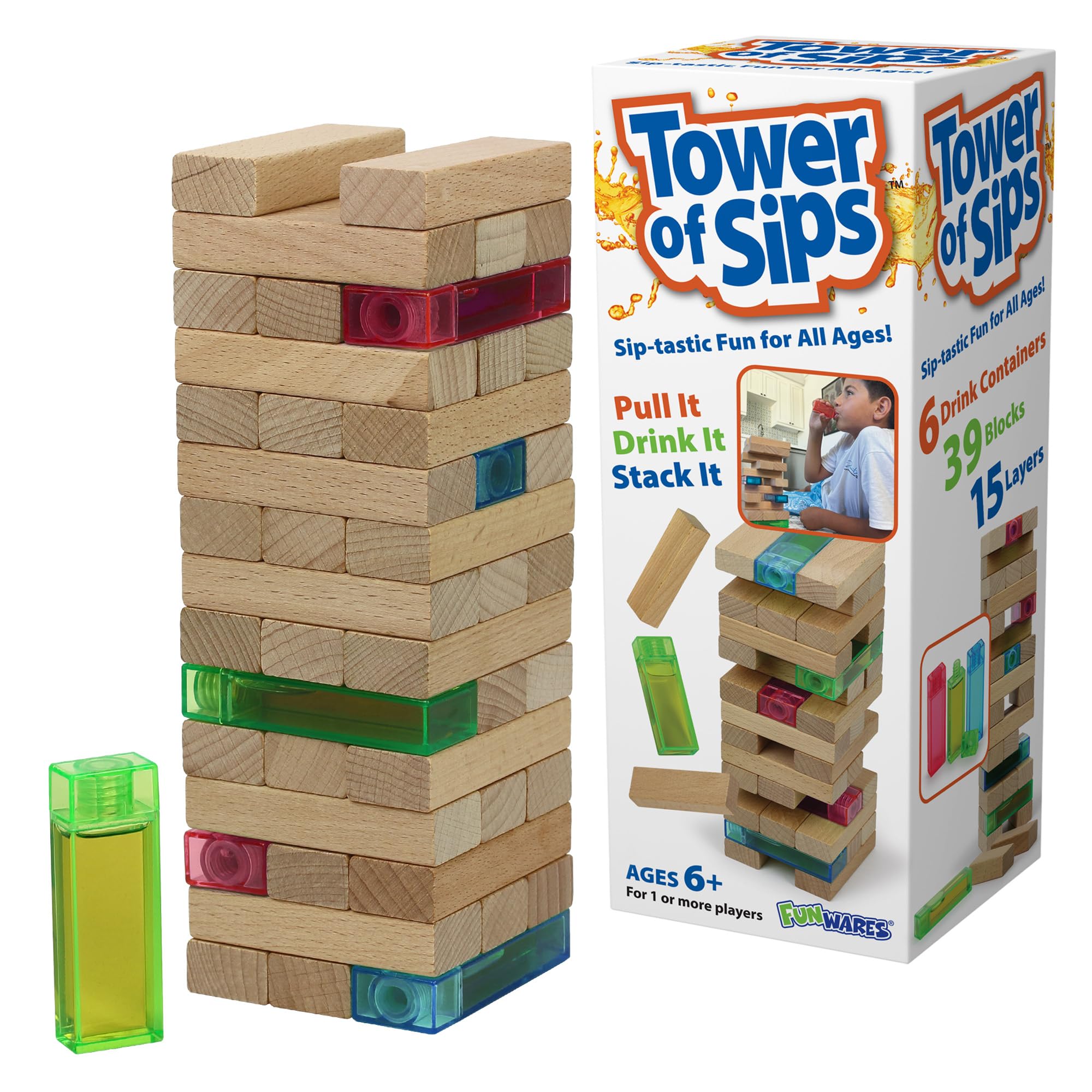 Funwares Stack Attack wooden blocks stacked into a tall tower for family play