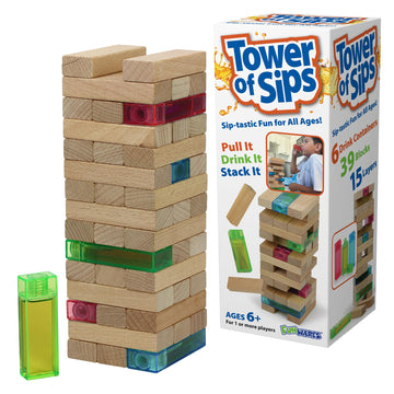 Funwares Stack Attack wooden blocks stacked into a tall tower for family play