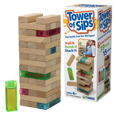 Funwares Stack Attack wooden blocks stacked into a tall tower for family play