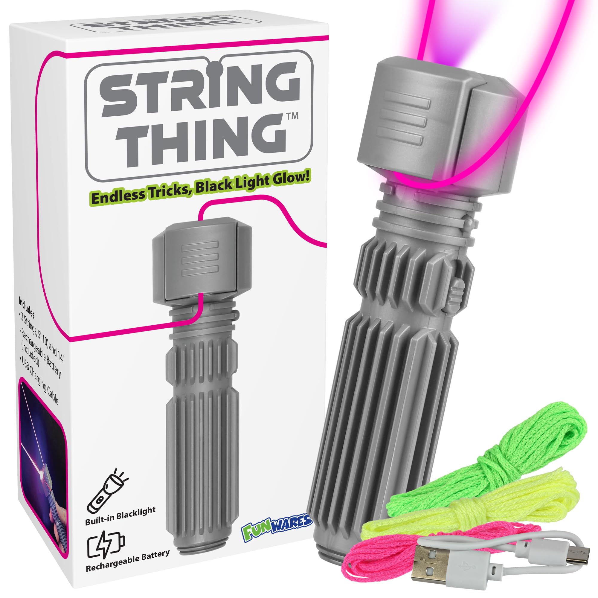 Funwares String Thing glow-lasso demonstrates luminous tricks for party entertainment