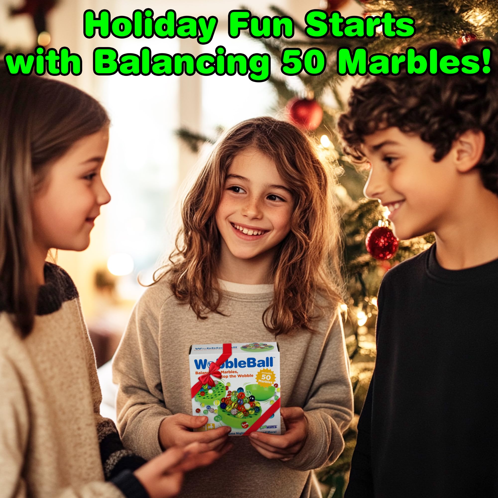 Funwares WobbleBall compact-storage stores all 50 marbles inside the base.