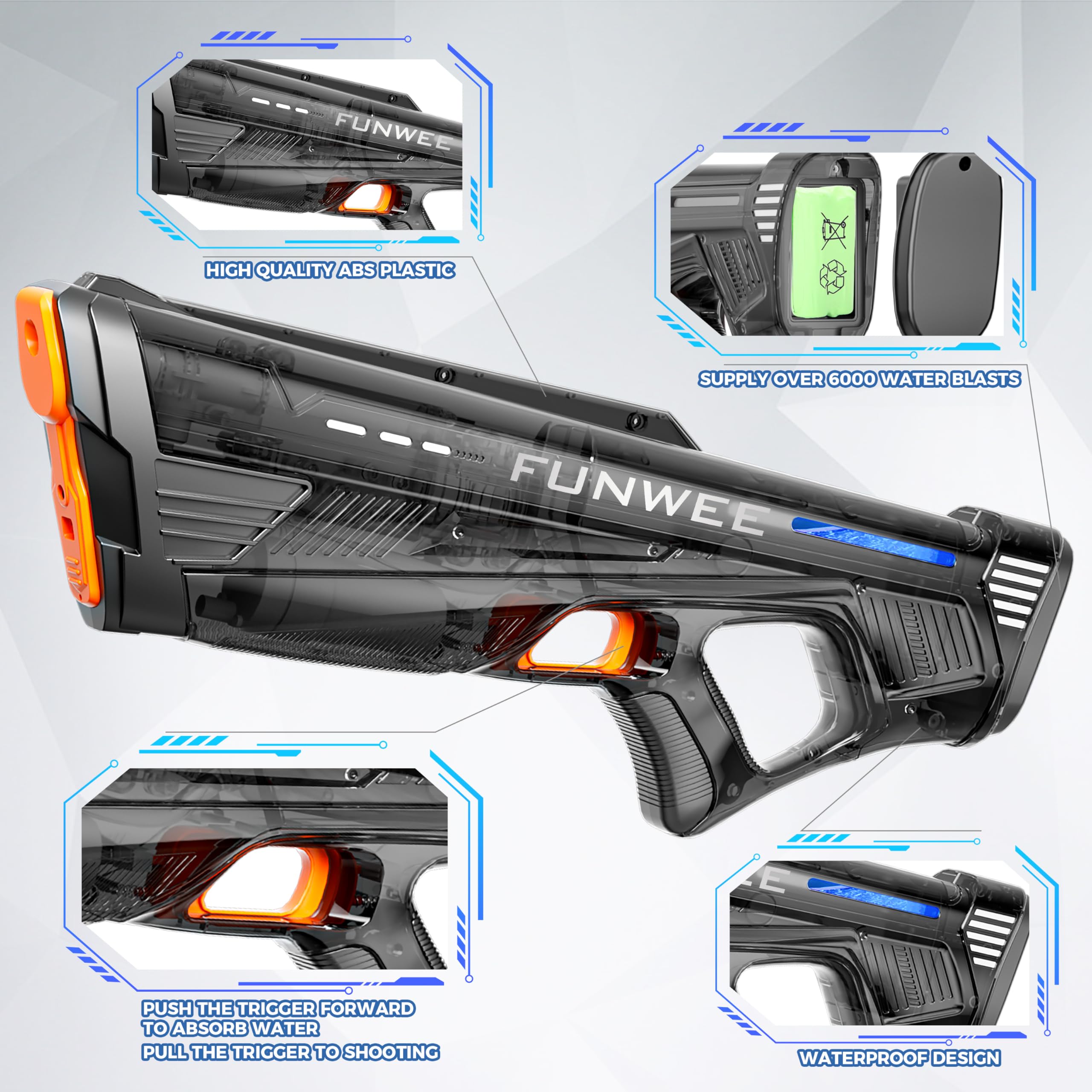 Funwee automatic water gun shown at pool party suitable for family games
