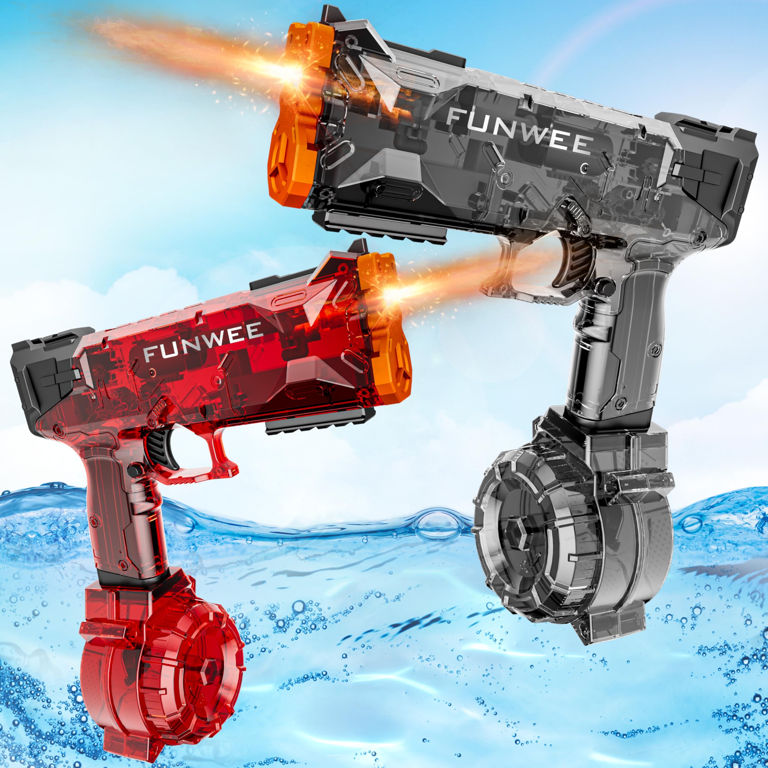 Funwee electric water gun in light-up action for enhanced backyard battles.