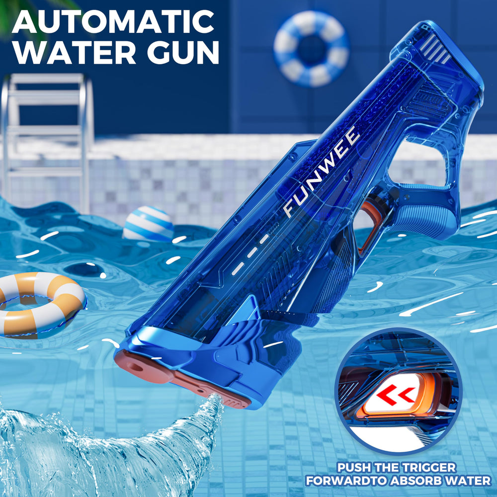 Funwee electric water gun range action showing long-distance streams up to 32 feet