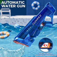 Funwee electric water gun range action showing long-distance streams up to 32 feet