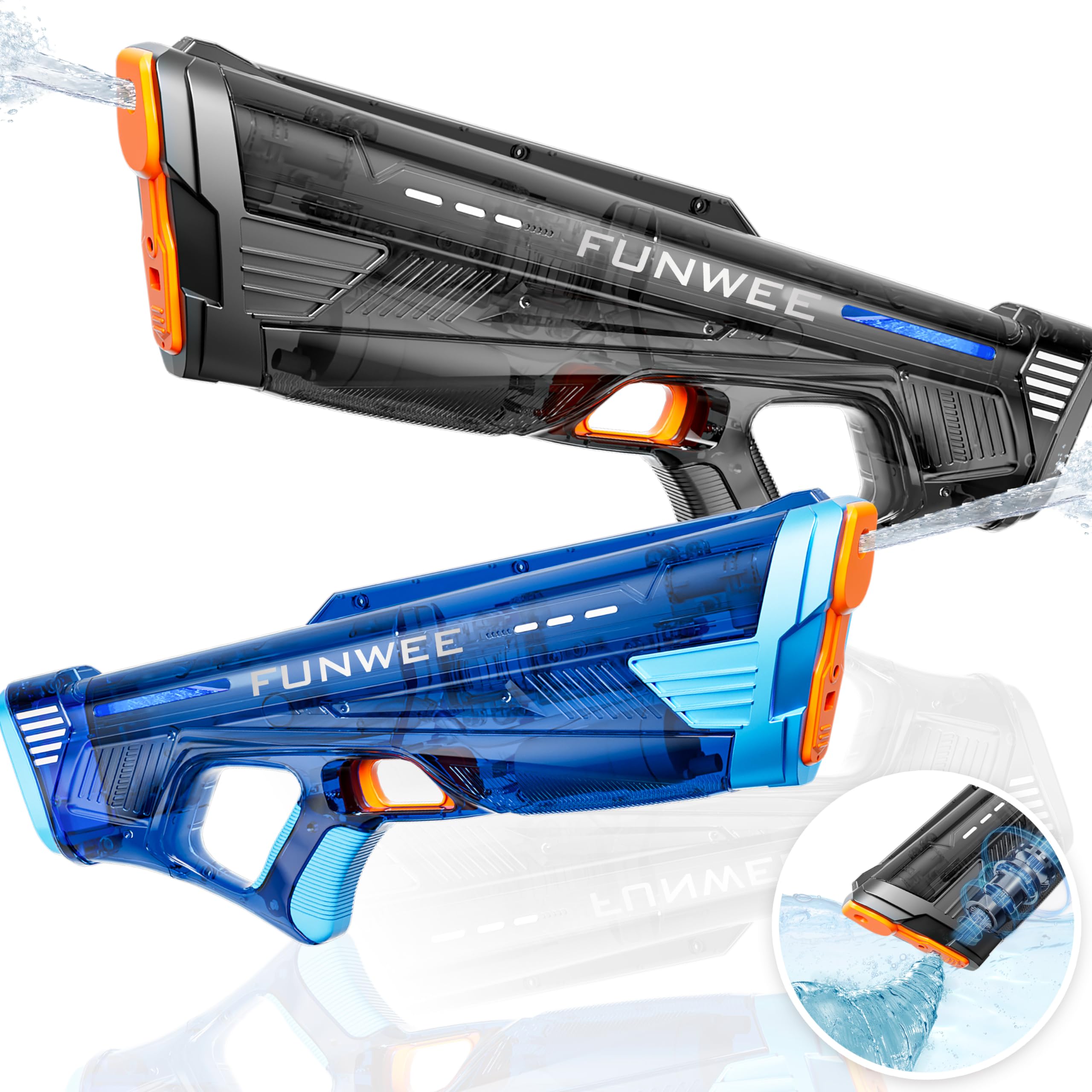Funwee electric water gun front view in transparent black blue for action
