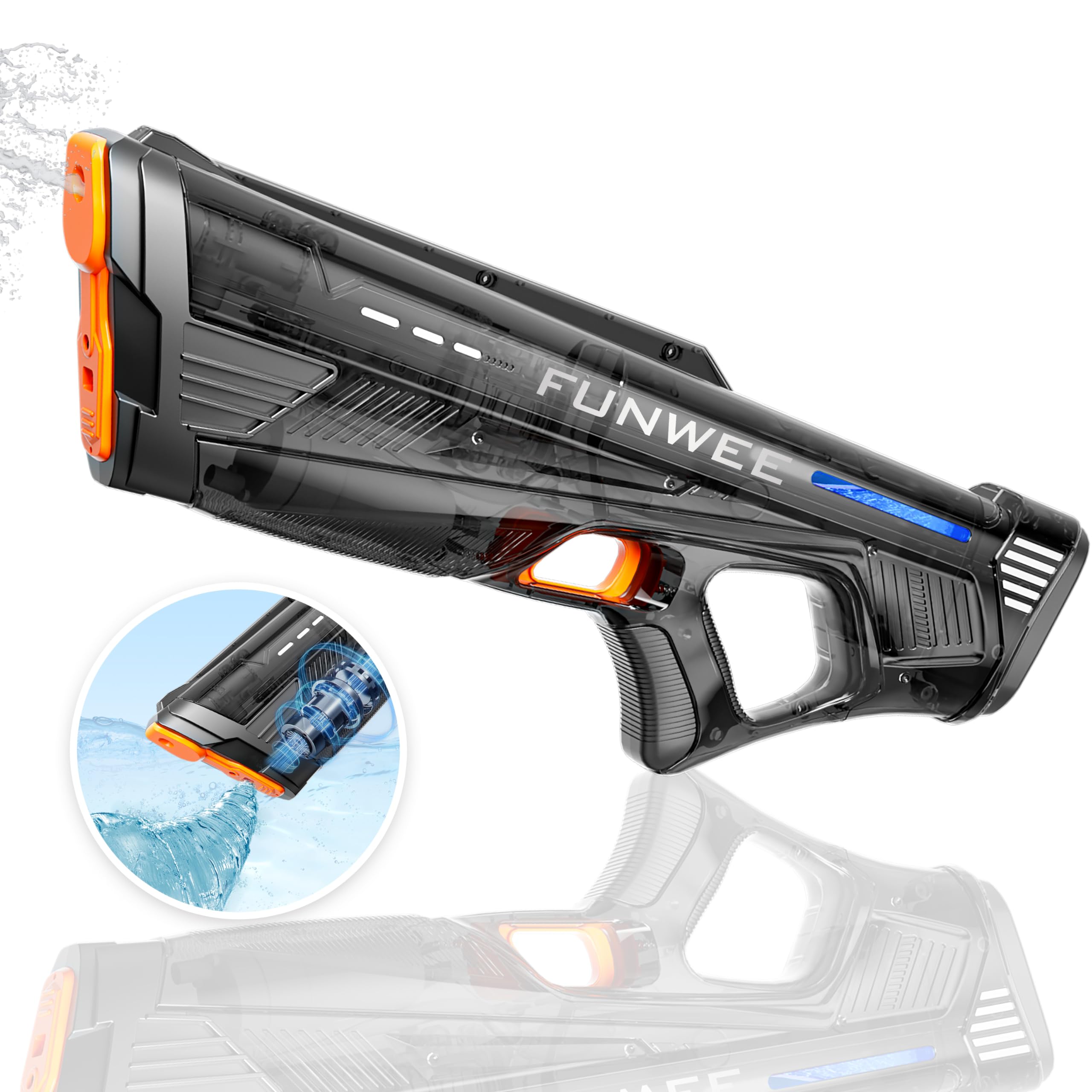 Funwee electric water gun in transparent black for pool battles and outdoor play