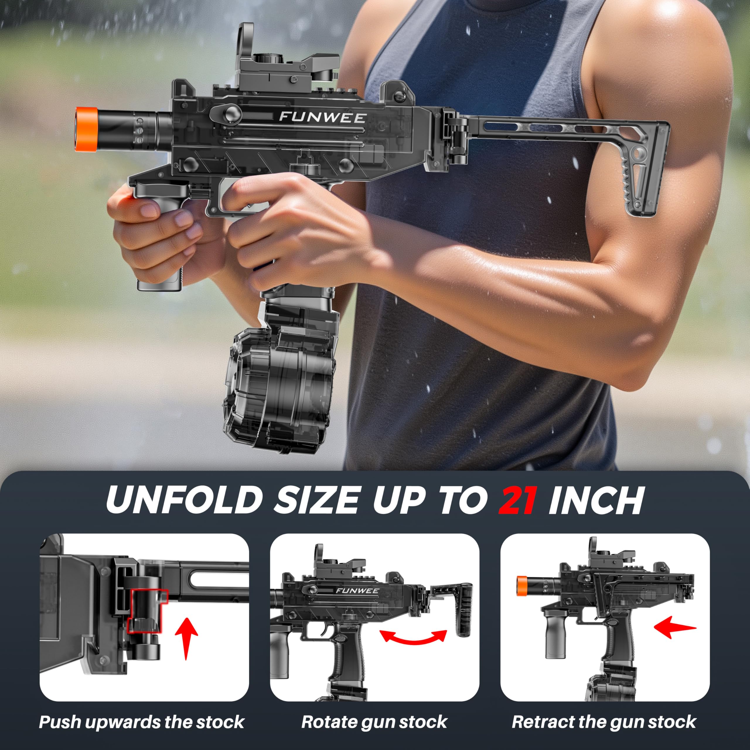 Funwee long-range water blast reaches distant targets with accuracy.