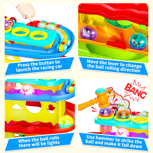 Funwee racing-car-down-ramp enhances visual tracking as kids chase.
