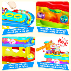 Funwee racing-car-down-ramp enhances visual tracking as kids chase.