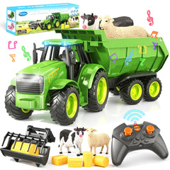 Funwee RC Farm Tractor green front-loader view for imaginative play and learning farm tasks.