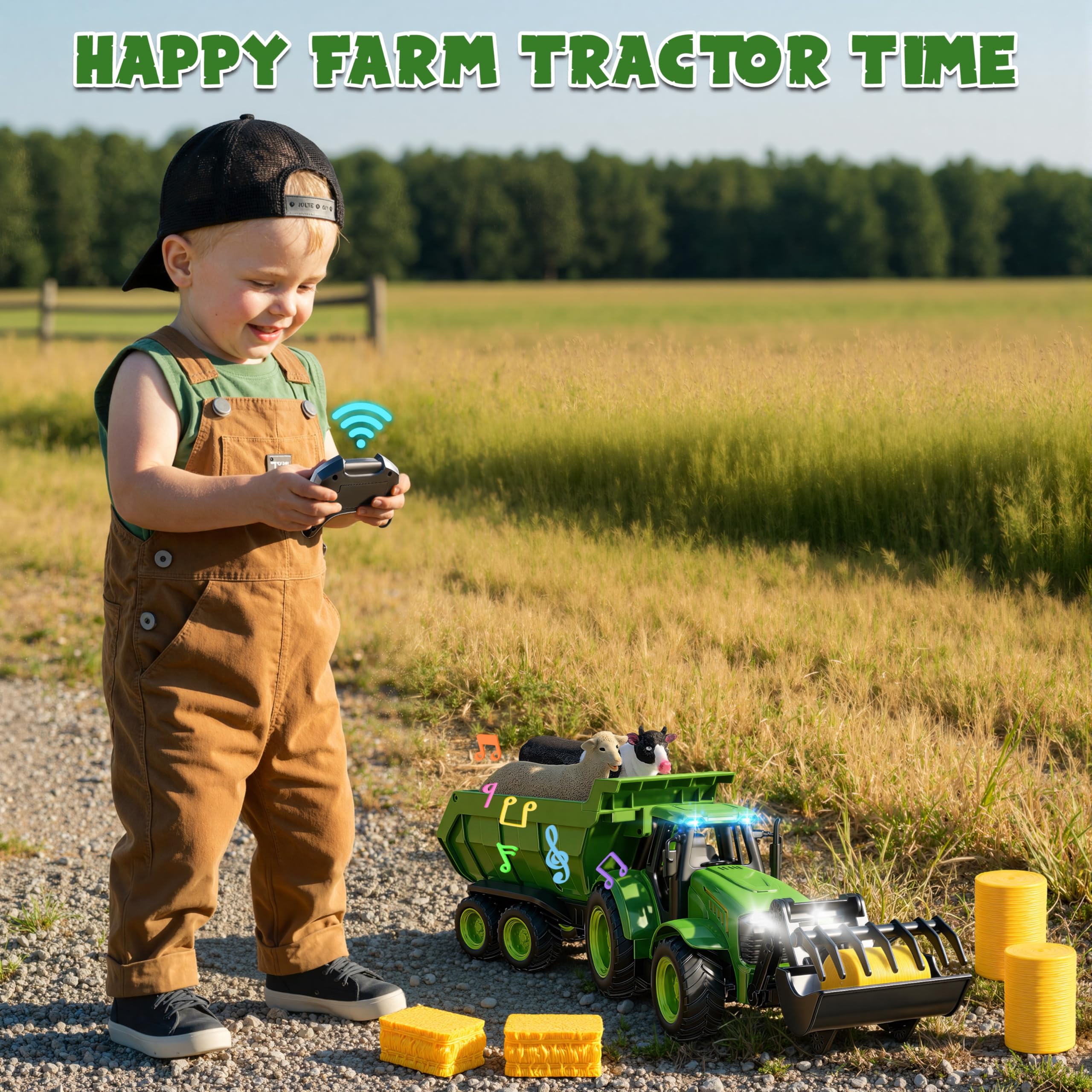 Funwee RC Farm Tractor green haystacks support realistic cargo handling and scenes.