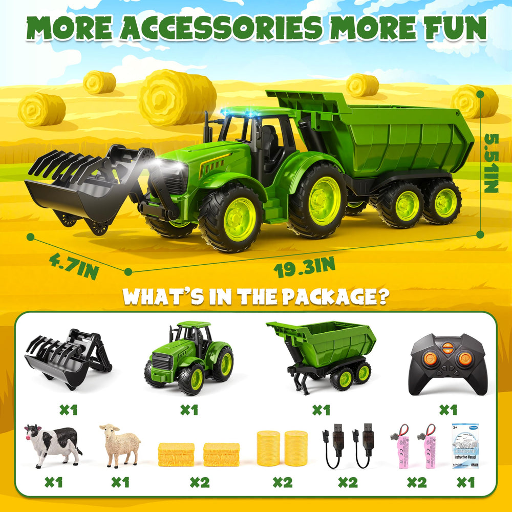 Funwee RC Tractor green LED lights and sound for immersive play experiences.