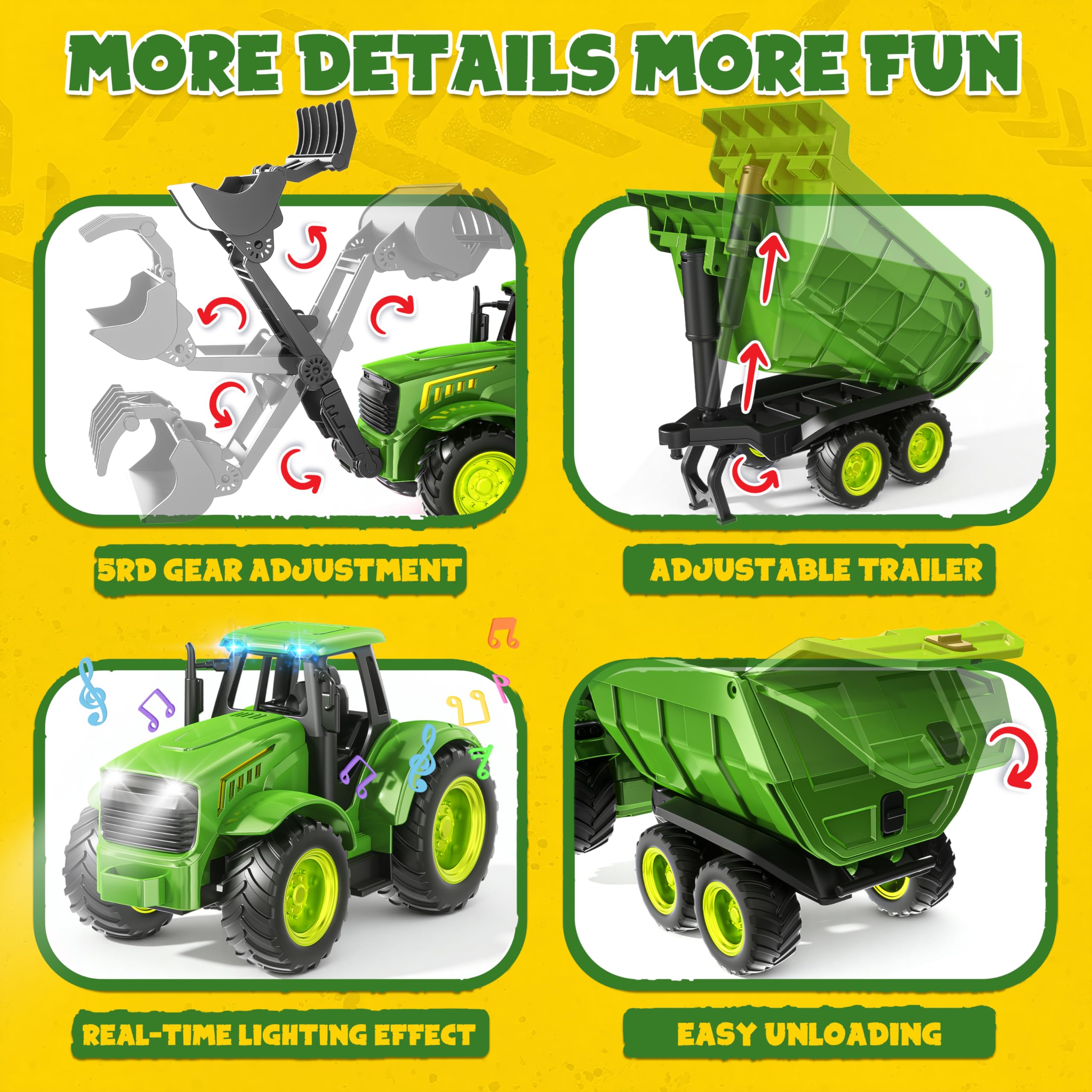 Funwee RC Farm Tractor green remote control with 2.4GHz tech enables multiplayer fun.