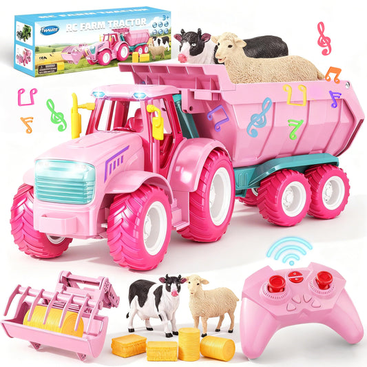 Funwee RC Farm Tractor pink front view with loader for imaginative play.