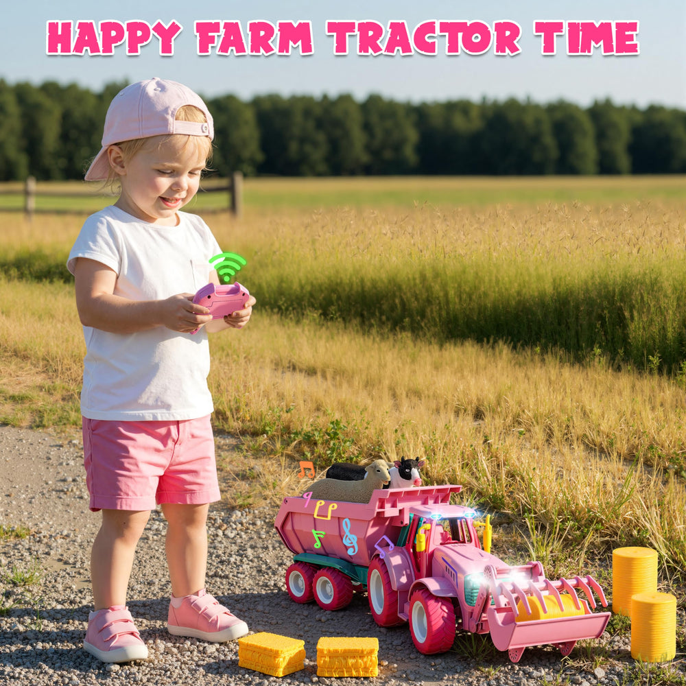 Funwee RC Farm Tractor pink LED lights brighten indoor adventures.