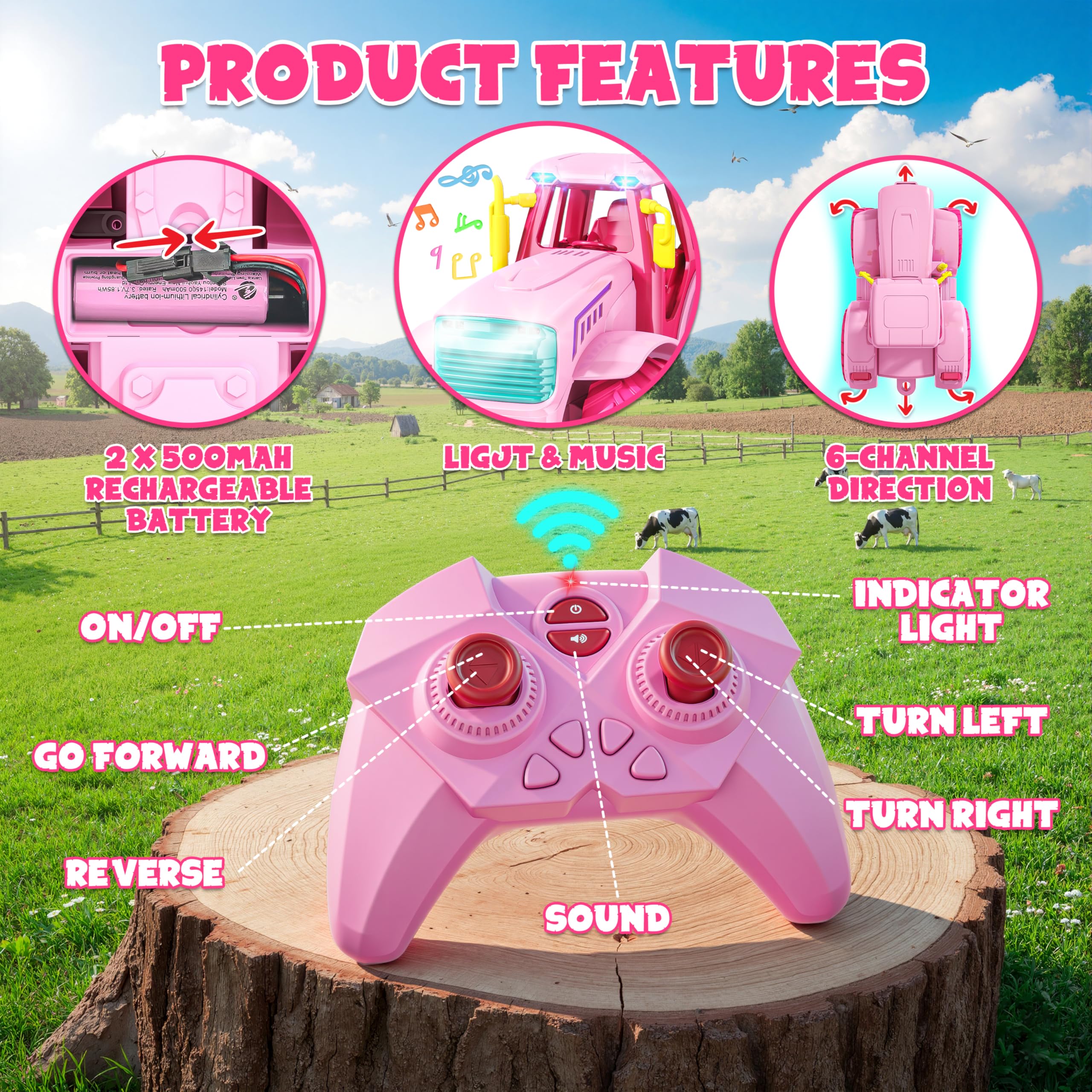 Funwee RC Farm Tractor pink side view showcasing realistic steering action.