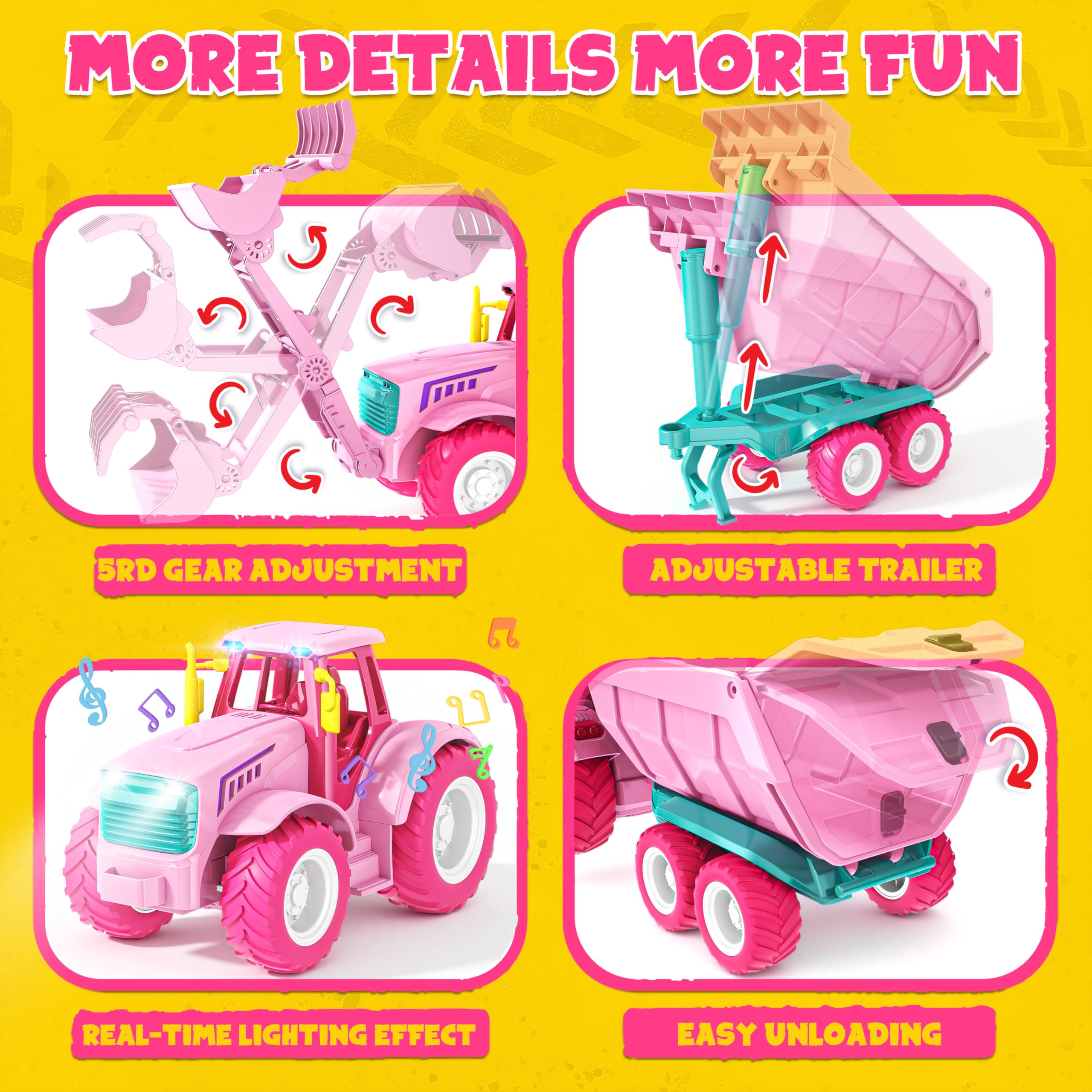 Funwee RC Farm Tractor pink trailer connection enhances the farming setup.