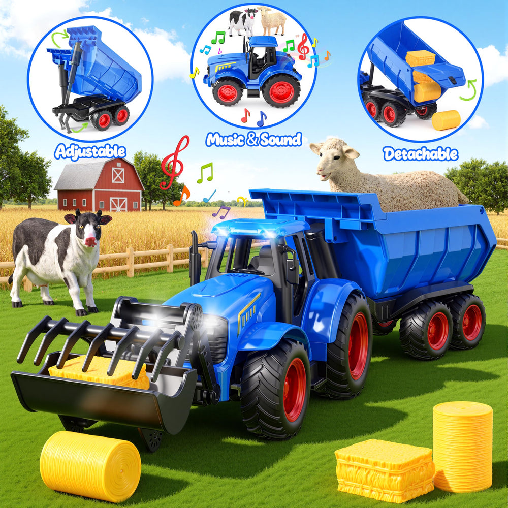 Funwee RC tractor front loader ready to scoop hay for play