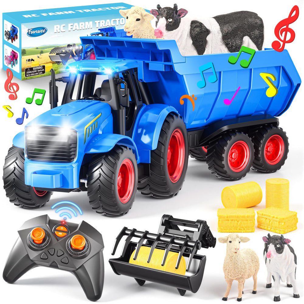 Funwee RC tractor headlights illuminate a vibrant farm play scene for kids