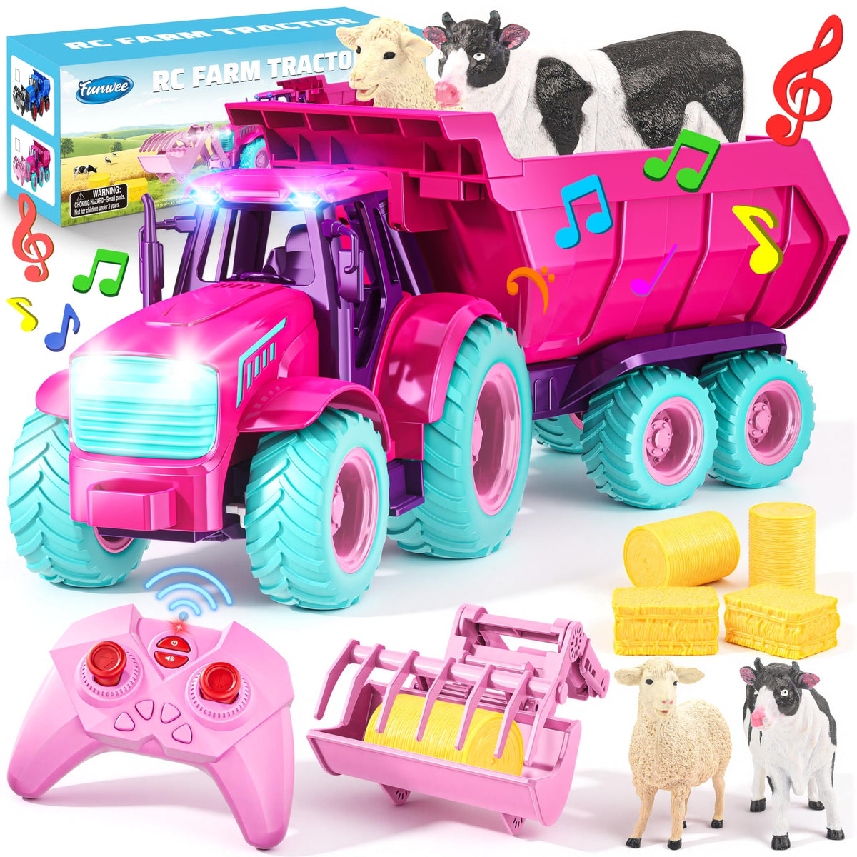 Funwee RC Tractor with lights highlights kids' farm play and realistic night-time adventures.