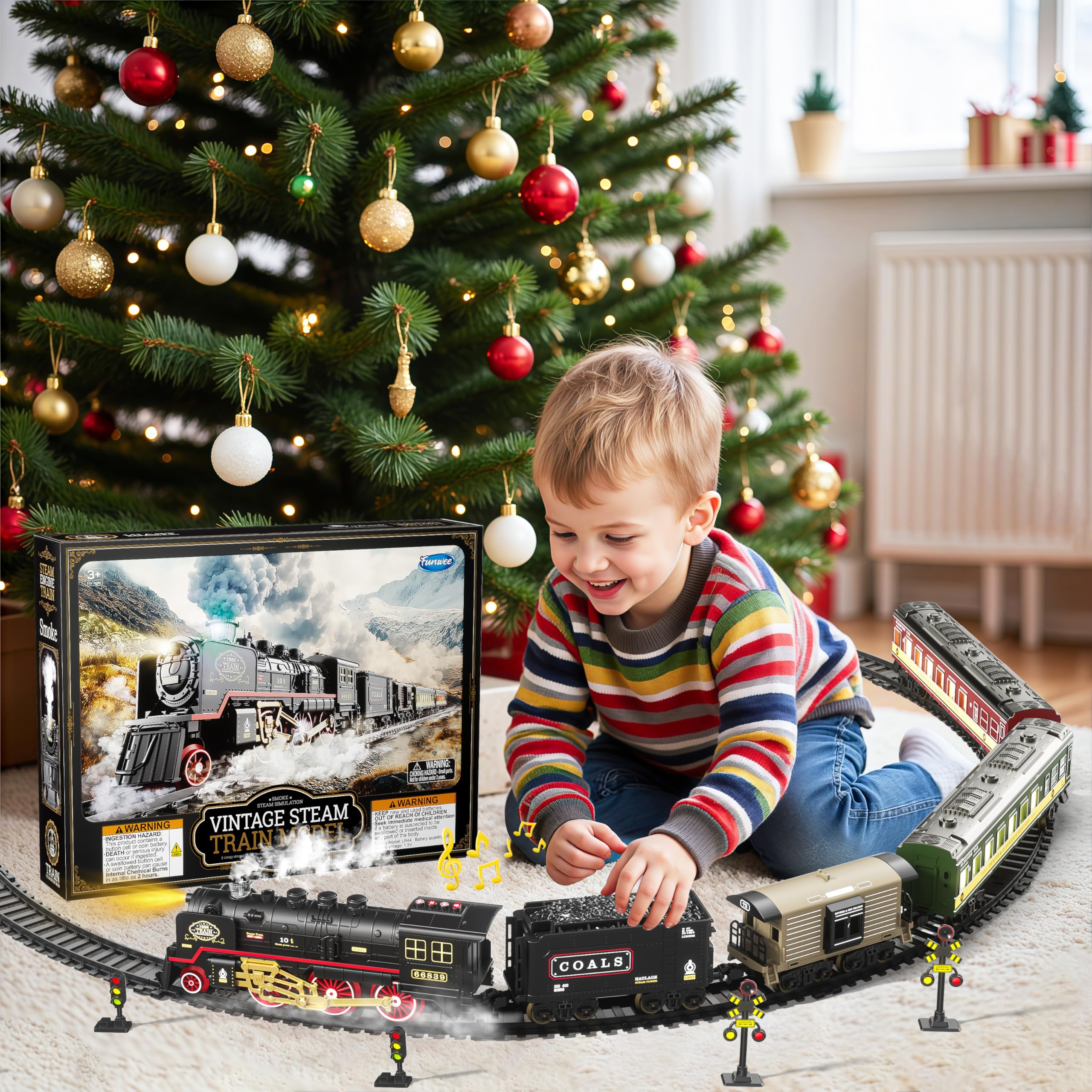 Funwee train set operates on batteries with engaging sounds for anytime play