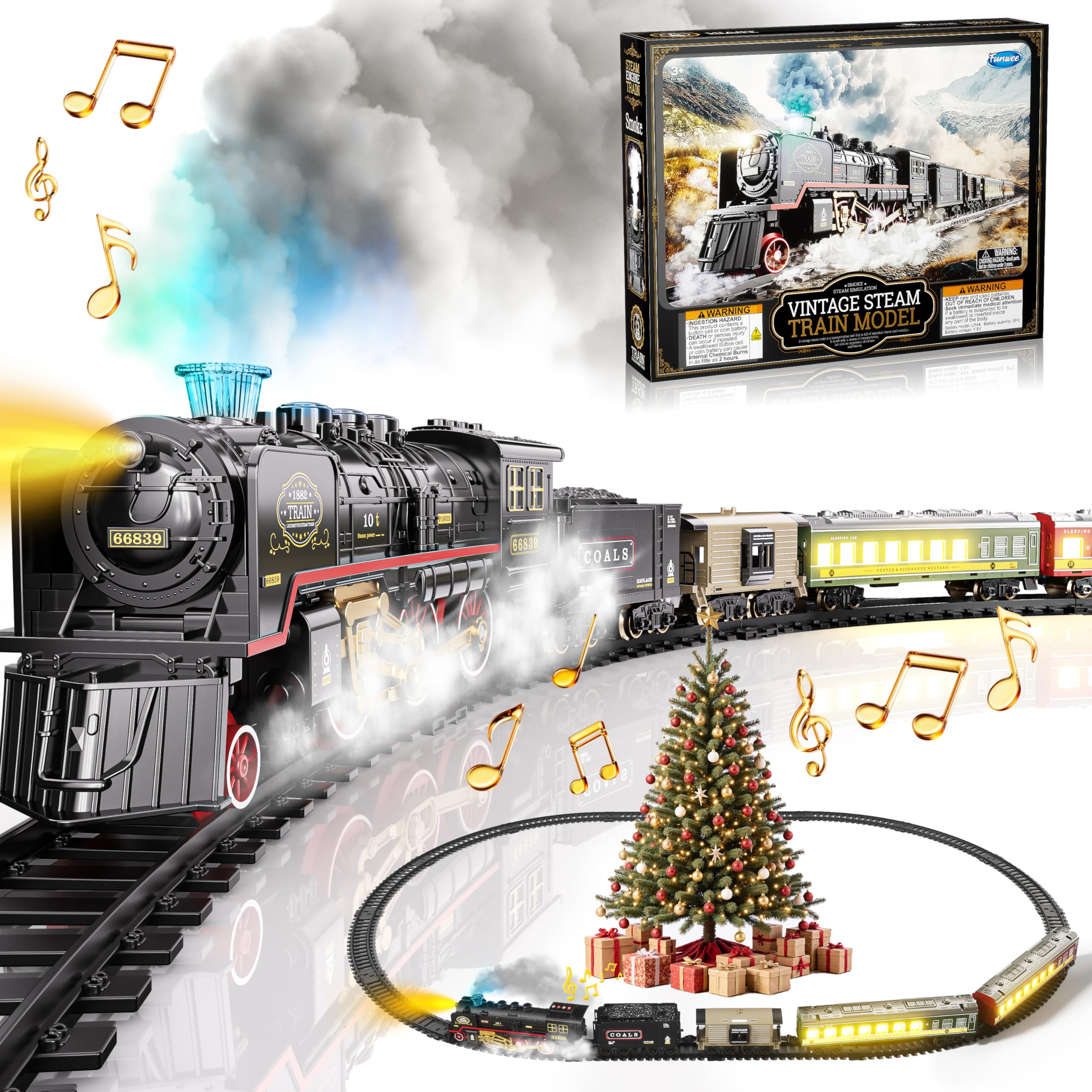 Funwee train set with glowing passenger carriages illuminating nighttime journeys